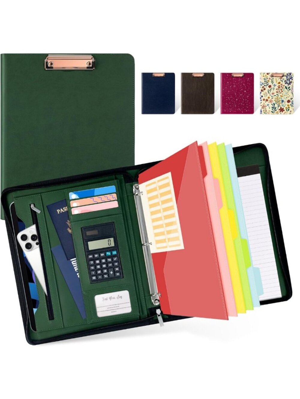 Ospelelf Green Clipboard with Storage 3 Binder Leather Portfolio Folder with